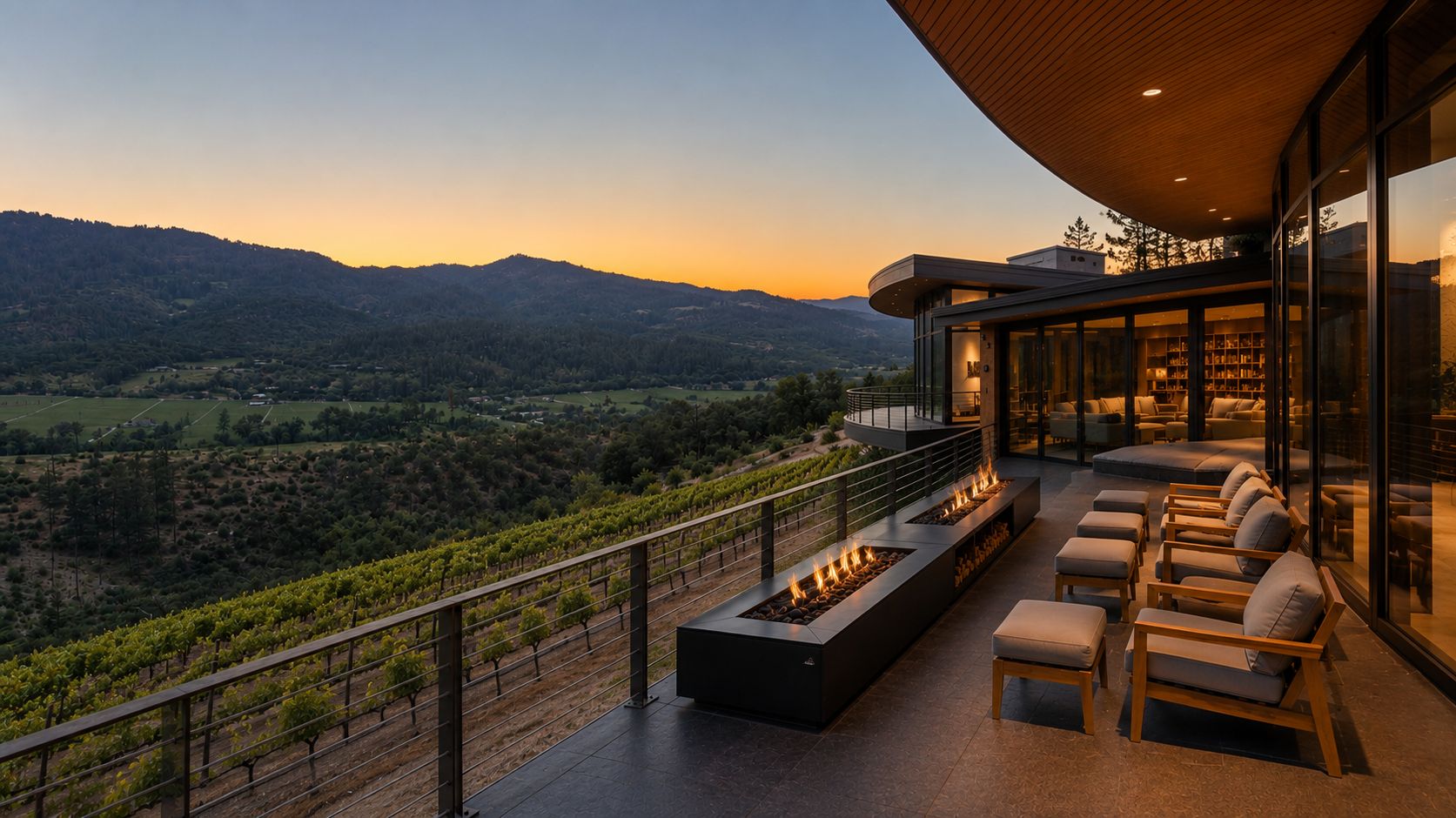 Conceptual rendering of a fire pit terrace at sunset overlooking the vineyard